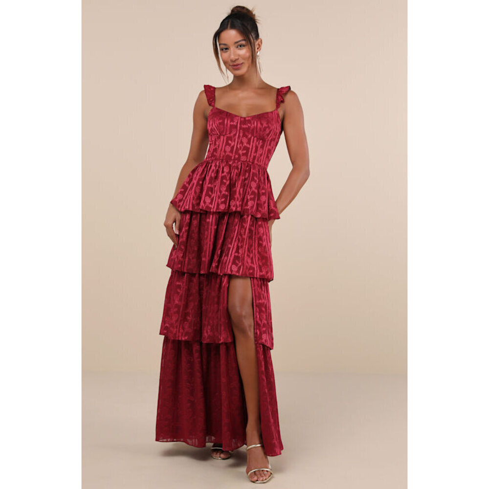 Lulus Stunning Glory Wine Red Floral Jacquard Tiered Maxi Dress - Size S